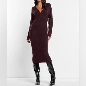 NWT Express Purple Cable Knit Faux Wrap Top Midi Sweater Dress Size M